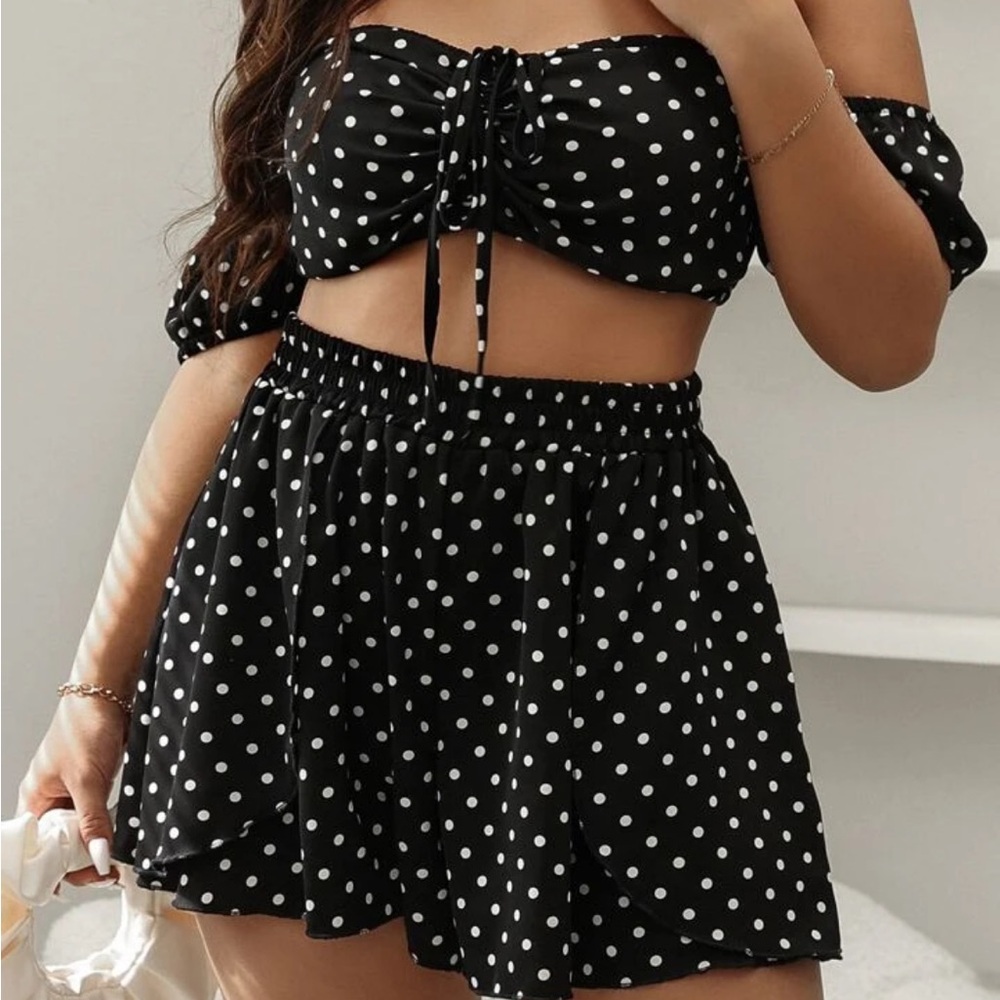 SHEIN Polka Dot Drawstring Bardot